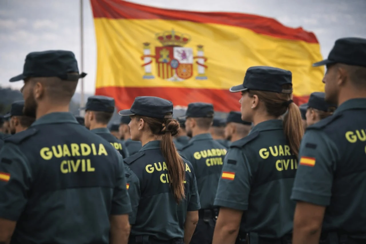Agentes de la Guardia Civil formados ante la bandera de España